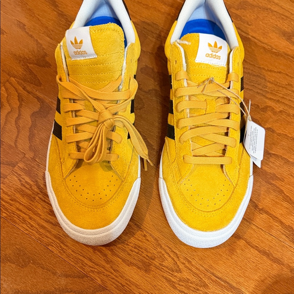 adidas Bright Yellow Suede Low Top Sneakers with Black Stripes